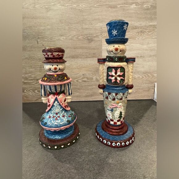 Folk Art Resin Snowman Candle Holders Set of 2 - Picture 1 of 9